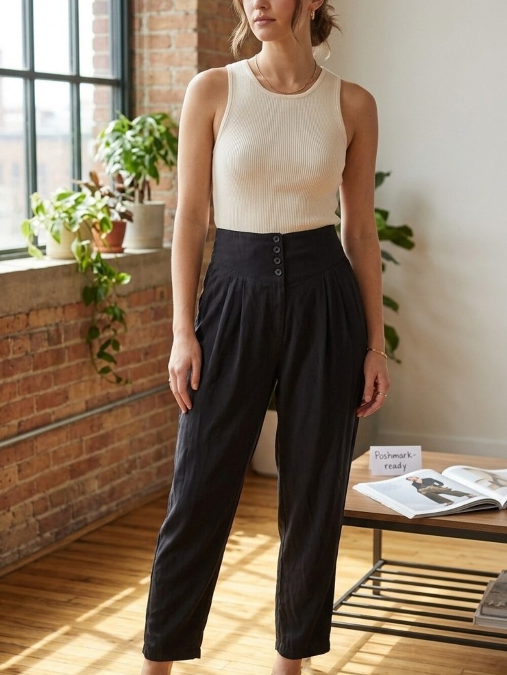 Sweet Rain High-Waist Button-Front Trousers-Size Large